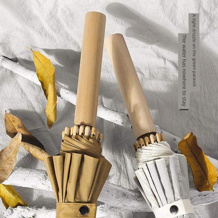 Artistic Retro Wooden Handle Straight Umbrella, Long Handle Umbrella for Both Rain and Sun, Advertising Umbrella with Logo Customization , In-Stock
