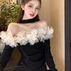Sexy skjorter Dame Slash Neck Off Shoulder Mesh Patchwork Vintage Bluse Slank Langermet Elegant Crop Tops Chic