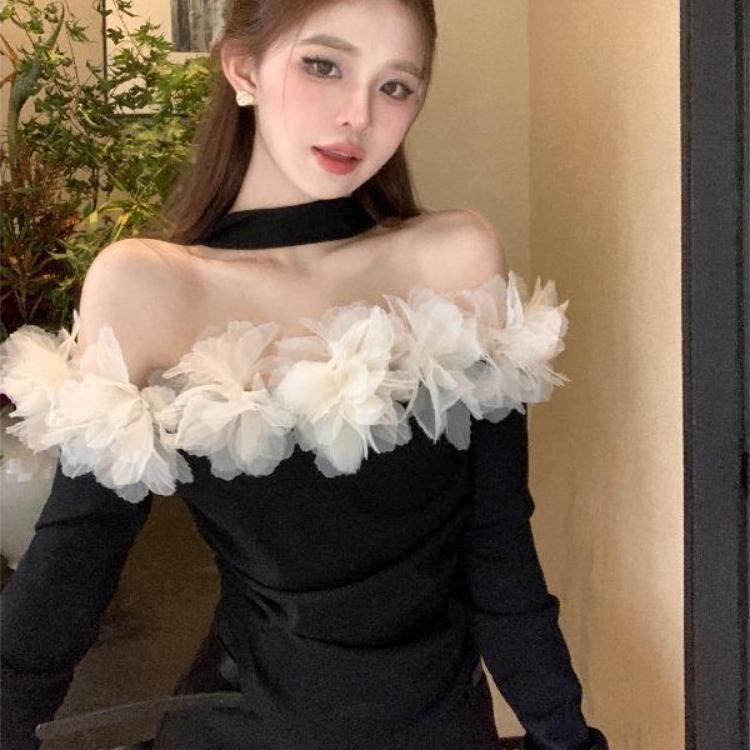 Sexy skjorter Dame Slash Neck Off Shoulder Mesh Patchwork Vintage Bluse Slank Langermet Elegant Crop Tops Chic