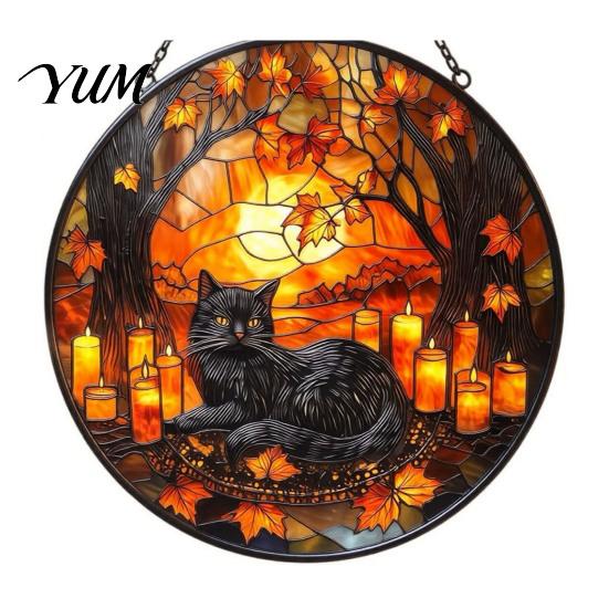 Unique Birthday Gift for Her Halloween Moon Black Cat Suncatcher Jigsaw Puzzle, 2D Acrylic Mystical Feline Window Hanging Tiffany Style Light