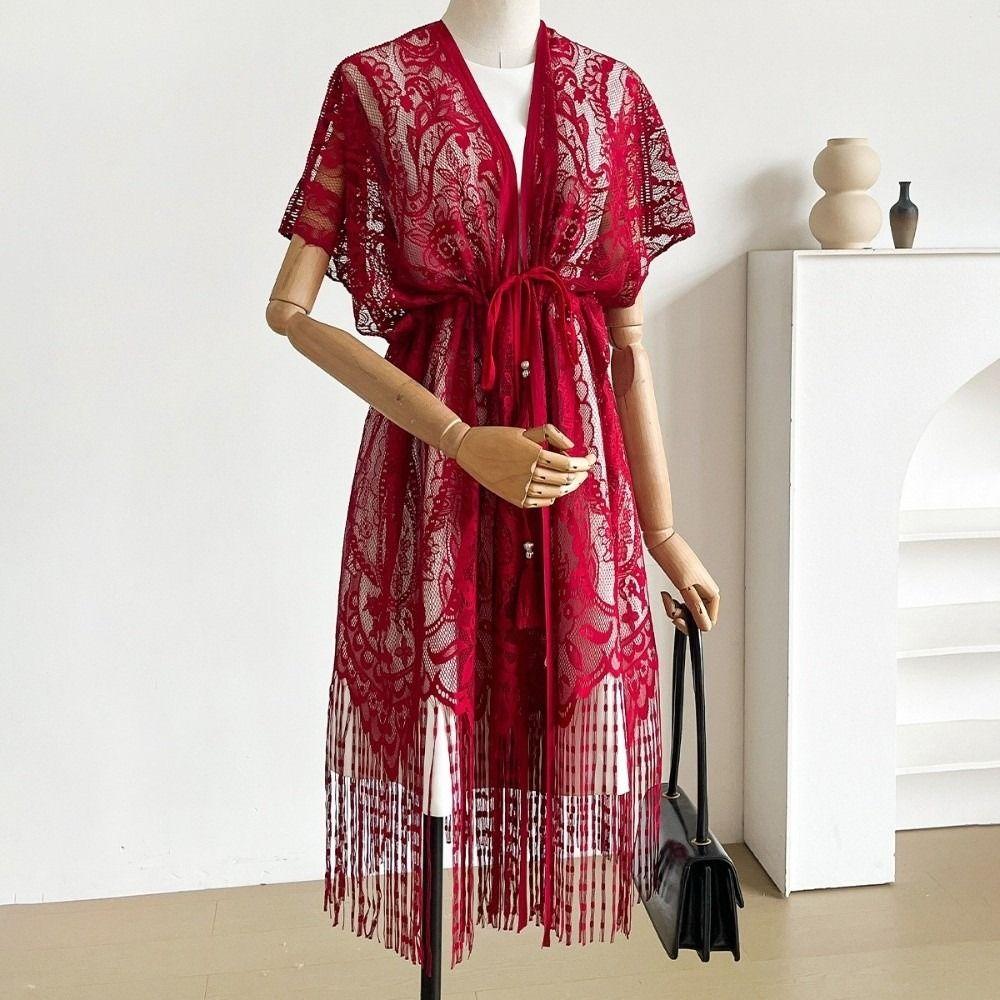 Lace Mesh Bohemian Shawl Tassel Sun-Protective Top Elegant Swimsuit Cover Up Vacation