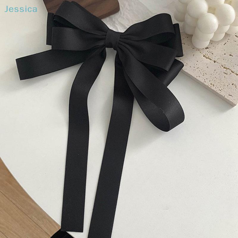 Big Bowknot Solid Satin Long Ribbon Bows Spring Clamp Women's Ponytail Hair Clip