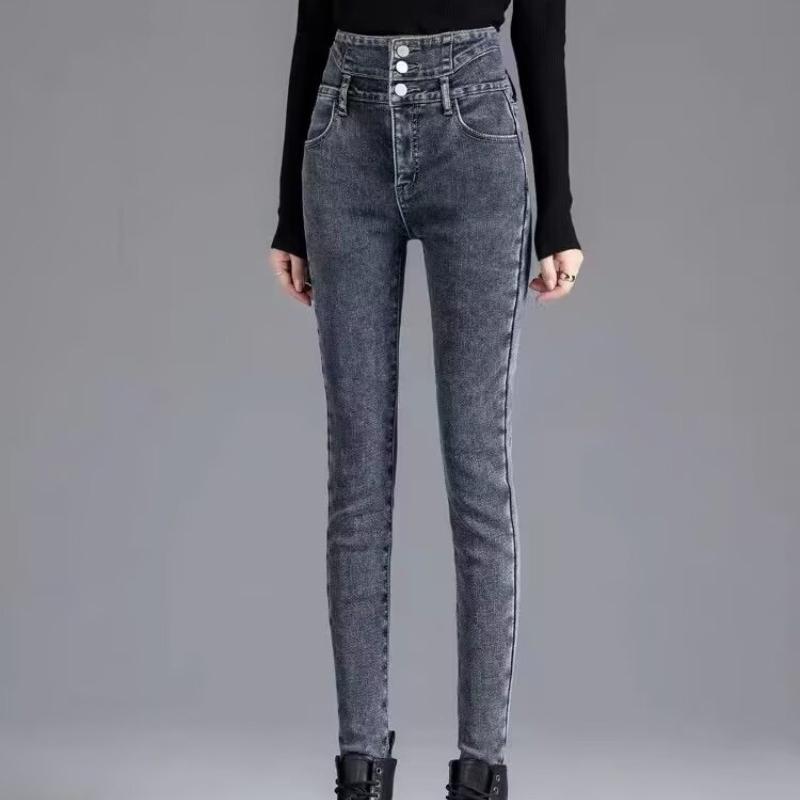 Fashion New Black Velvet Jeans Women Autumn and Winter High Waist Slim Fit Tight Plush Denim Pencil Pants Women Vintage Casual Jeans Trousers 25294