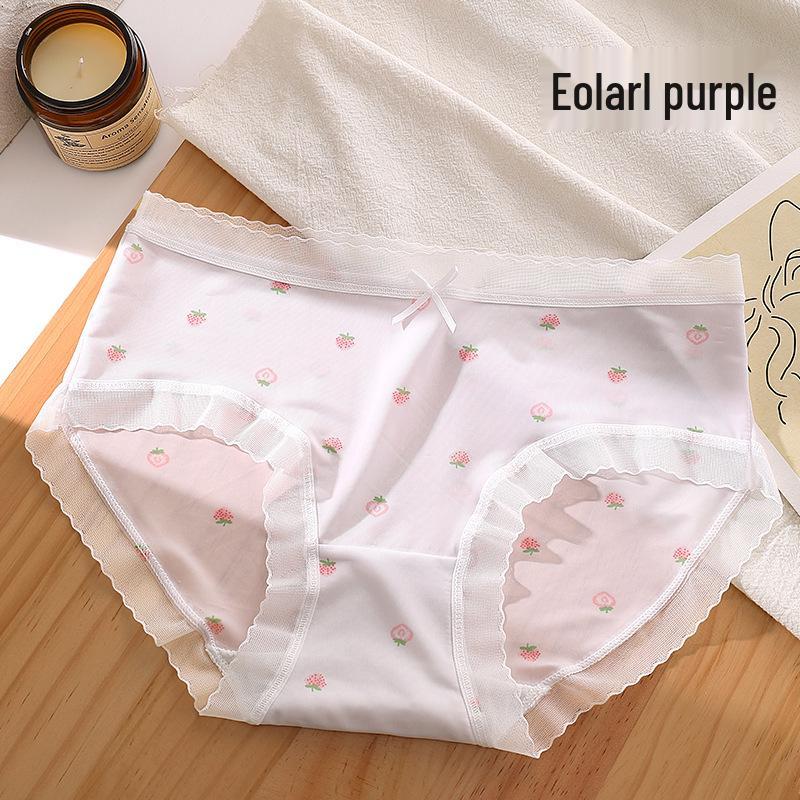 Sweet Strawberry Print Lace Trim Seamless Teen Girl Panties - Comfortable, Breathable, Mid-Waist Briefs
