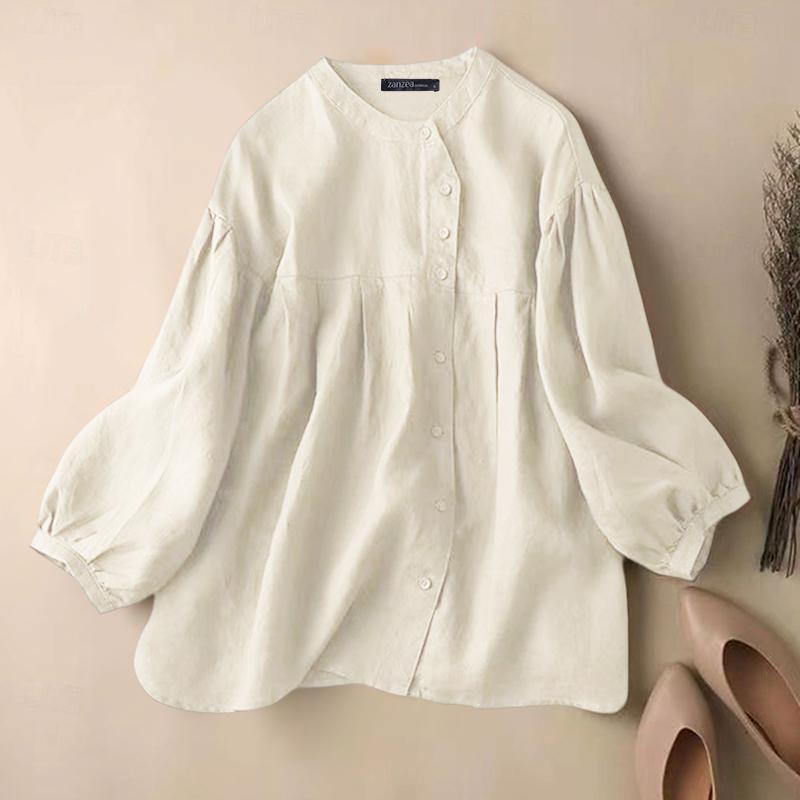 

ZANZEA Женская повседневная однотонная блузка с круглым вырезом и длинным рукавом M абрикосовый