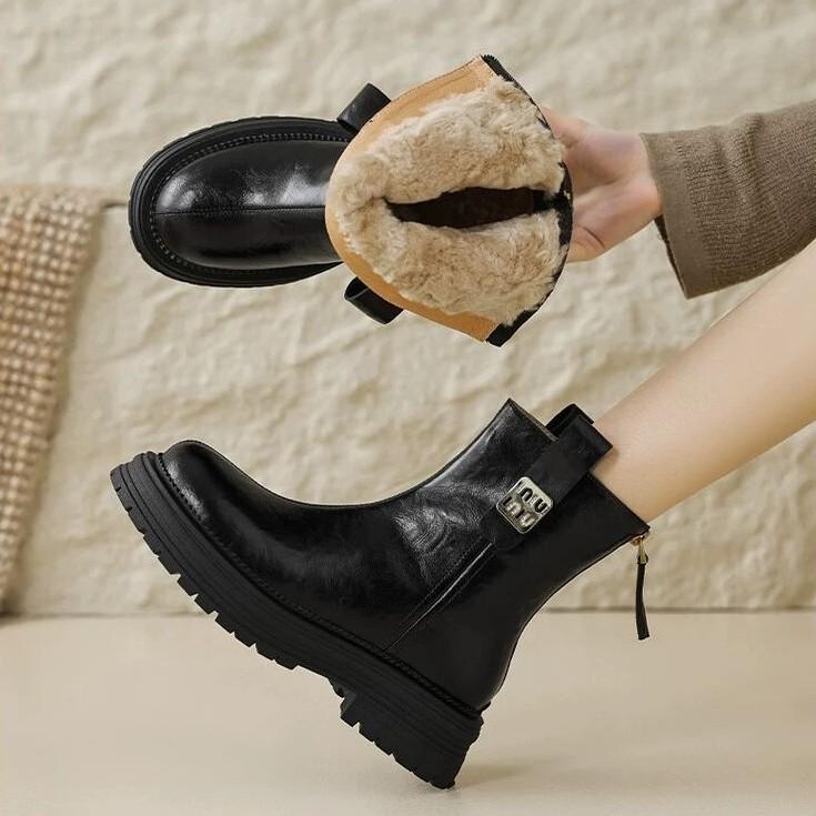 Women's Large Size Soft Sole Winter Warm Anti-slip Fur One Snow Boots Padded Lined Ankle Boots Waterproof Outdoor Sports Cotton Boots Martin Boots