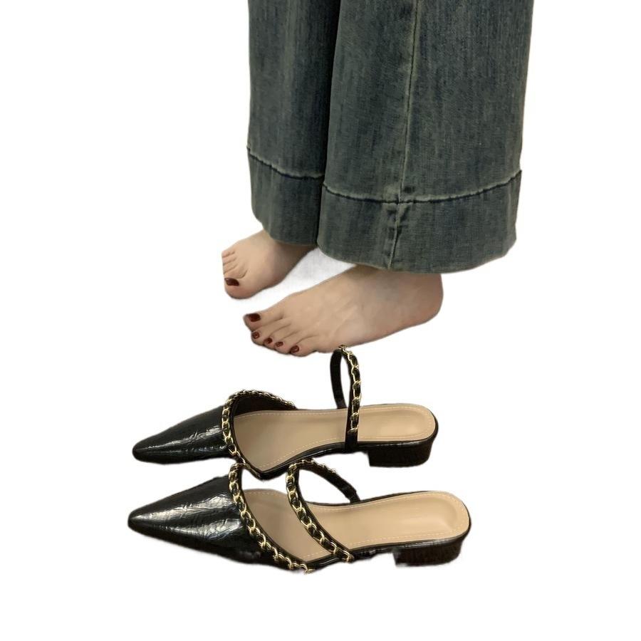 Retro Chain with Bag Head and Half Slippers for Women Wearing Lazy People with One Pedal Temperament Pointed Head Low Heel Mueller Shoes