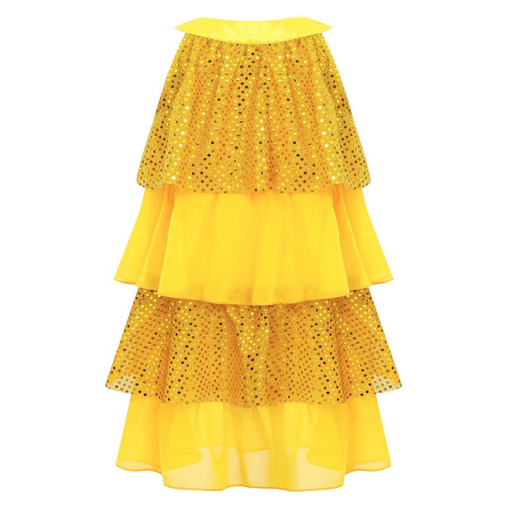 Gestuftes Rüschen-Mädchen-Tanzkleid Glänzende Pailletten Patchwork A-Linie Ärmellos Aufführungskostüm