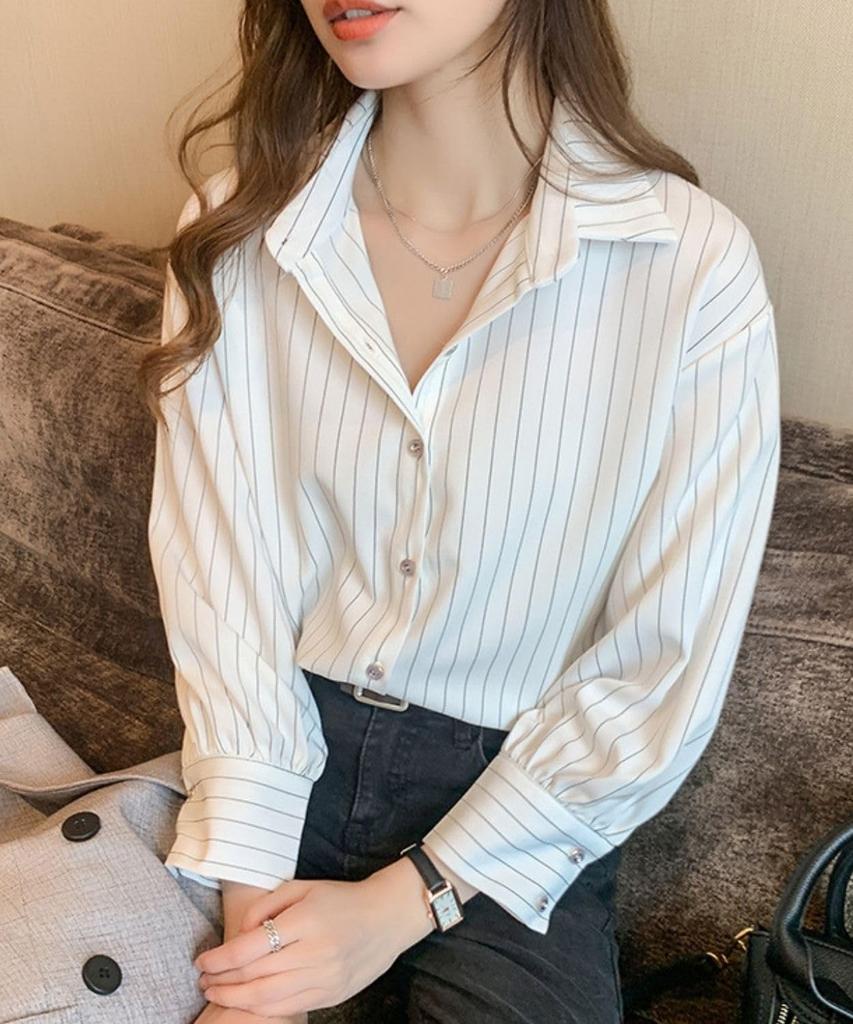 Pangenee Beautiful Striped Blouse with Office Top for and Fall 3/4 Sleeves, Soft, Slimming, Elegant, Women, Spring, Summer, (Size L, White)