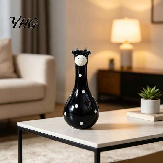 Multifunctional Resin Art Cute Polka Dot Giraffe Vase, Hand-painted Flower Creative Big-mouthed Vivid Texture Animal Figurine Holder for Home