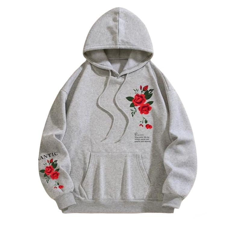 Ladies Spring Autumn Casual Hooded Long Sleeve Big Pocket Flower Printed Pullover Hoodies Sweatshirt Top