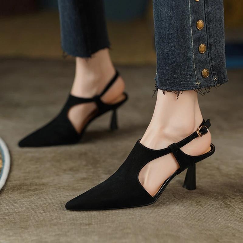 Fashion NEW Summer Women Sandals Pointed Toe Thin Heel Shoes Sexy High Heels Elegant Sheep Suede Leather Shoes for Women Party Shoes