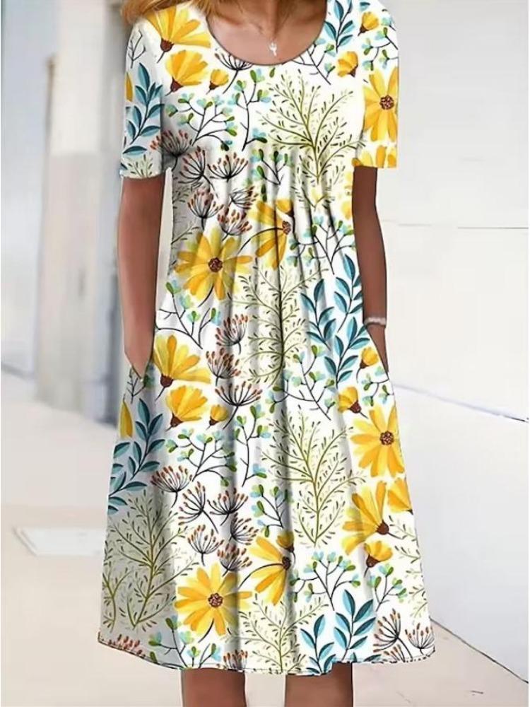 Floral Print Midi Dress with Pockets for Spring Summer