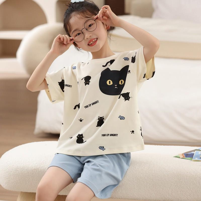 Girls Cotton Pajama Set Short Sleeve Cartoon Print Lightweight Sleepwear Ages 8