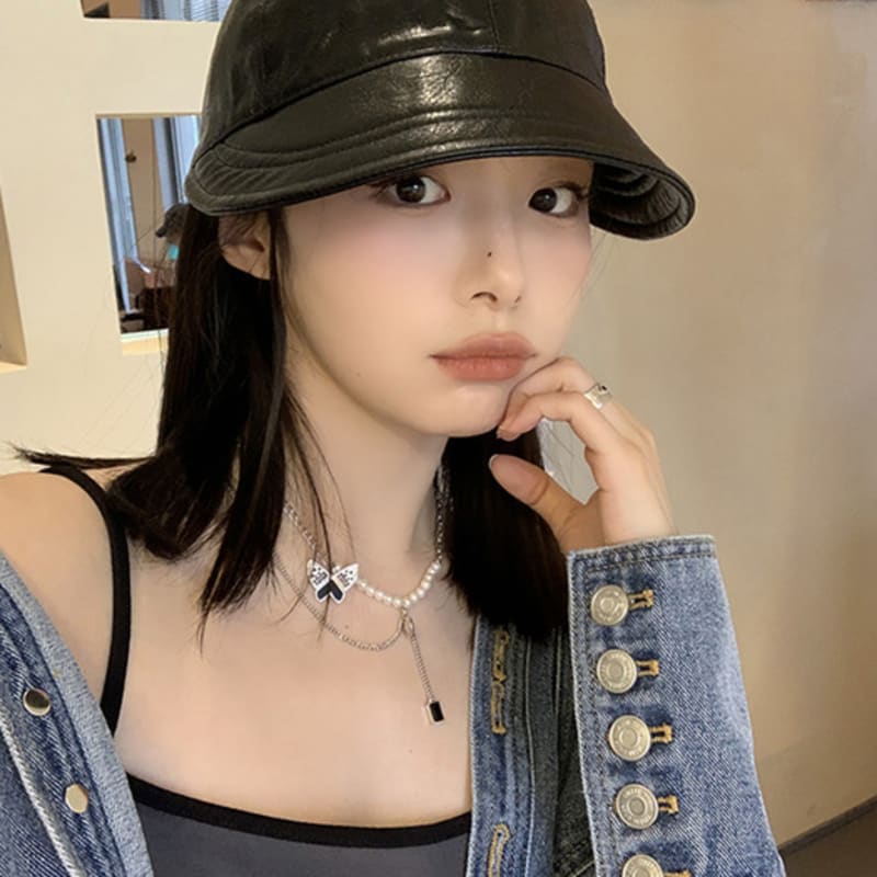 

LOOKING4U Retro Leather Stopper Ball Cap C1 Black BLACK