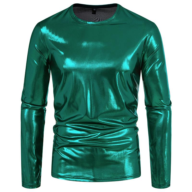 Cozy Up Men's Party Stage Glossy Long-sleeved Round Neck T-shirt
