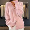 Autumn and winter new solid color long-sleeved V-neck knitted cardigan breasted jacquard sweater women's coat