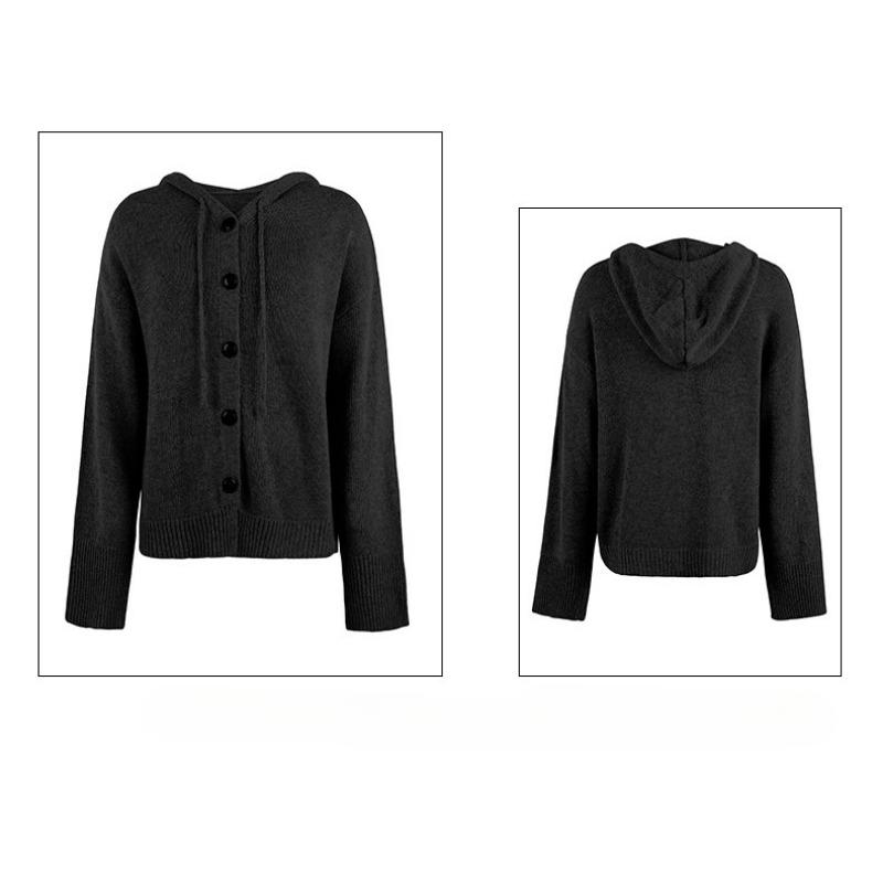 IHUASU Herbst und Winter Damen Kapuzenstrick Langarm Einreihige Strickjacke Kordelzug Strickpullover