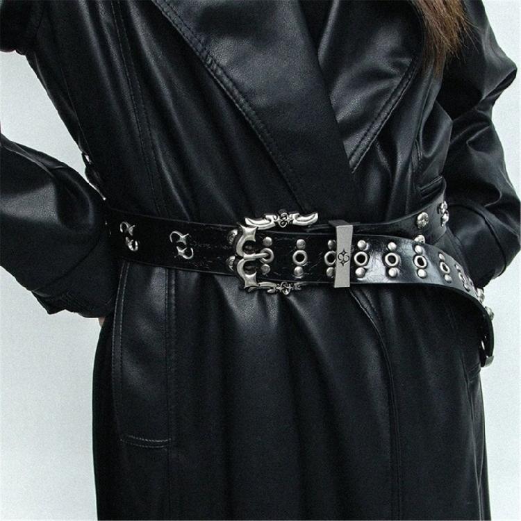 Gothic Style Women's Studded Belt Double Row Hole Waist Sash Secure Nonslip Clasp PU Leather Fashion Accessory
