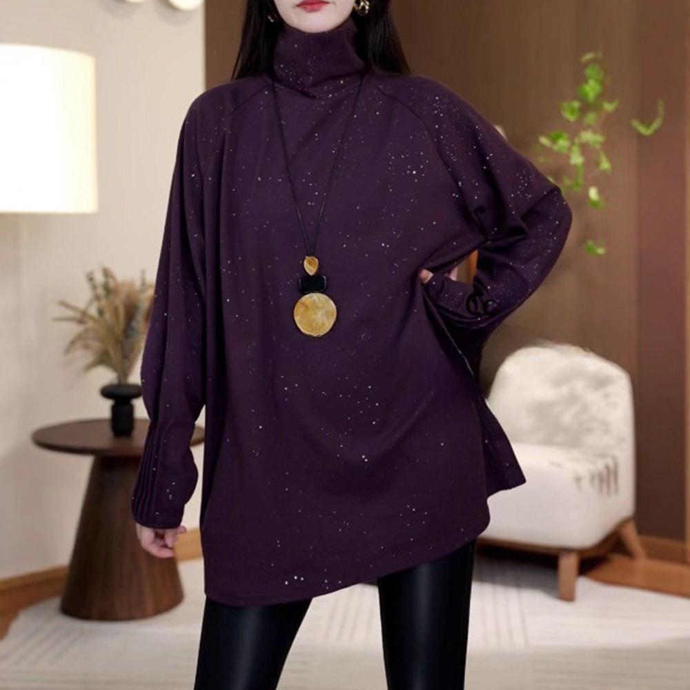 Plus Size Sequined High Neck Ruffle Long Sleeve Thickened Warm Mid-Length Top for Women 