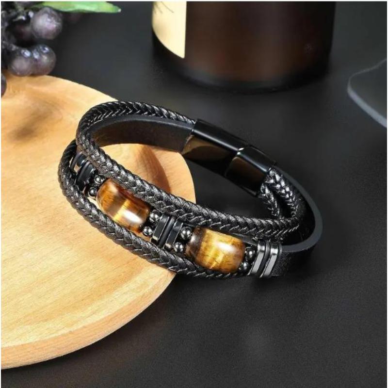 Meier Tiger s eye bracelet - men s multi-layer cord & leather bangle - stone bracelet with magnetic clasp чёрный