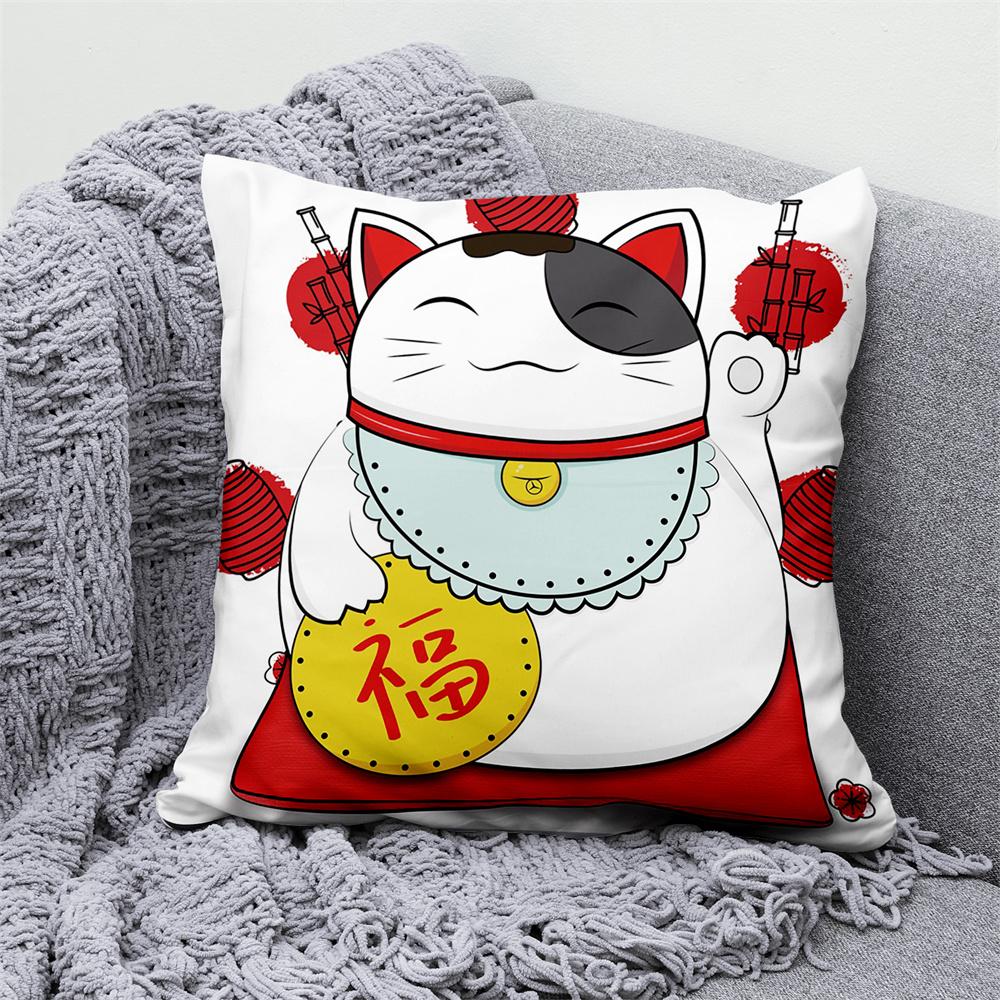 Lucky Cat Japanese Style Sofa Bed Decorative Pillow Cover Home Decor Mount Fuji  Art Cushion