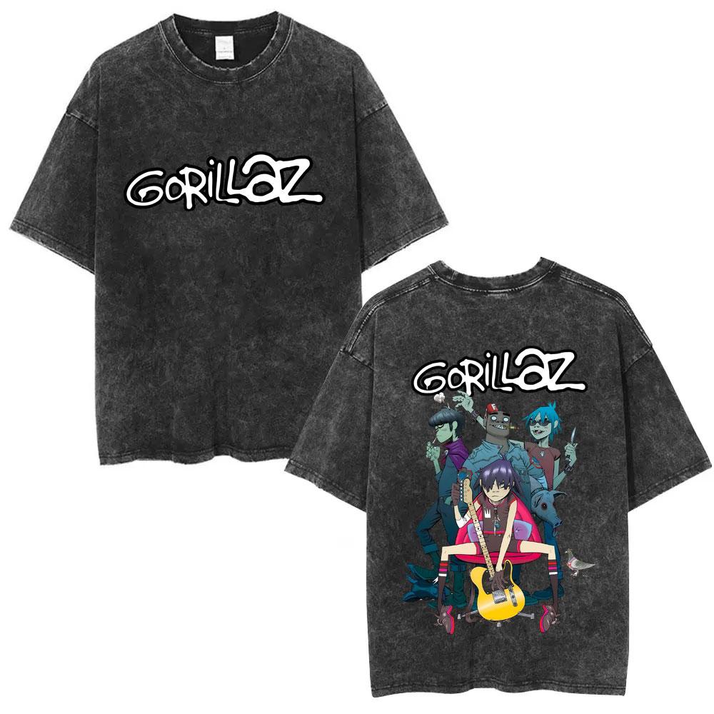 Washed Vintage Rock Band Gorillaz The Now Now Album Graphic Tshirts Men Women Clothing Hip Hop Punk Oversized Crewneck T Shirts S