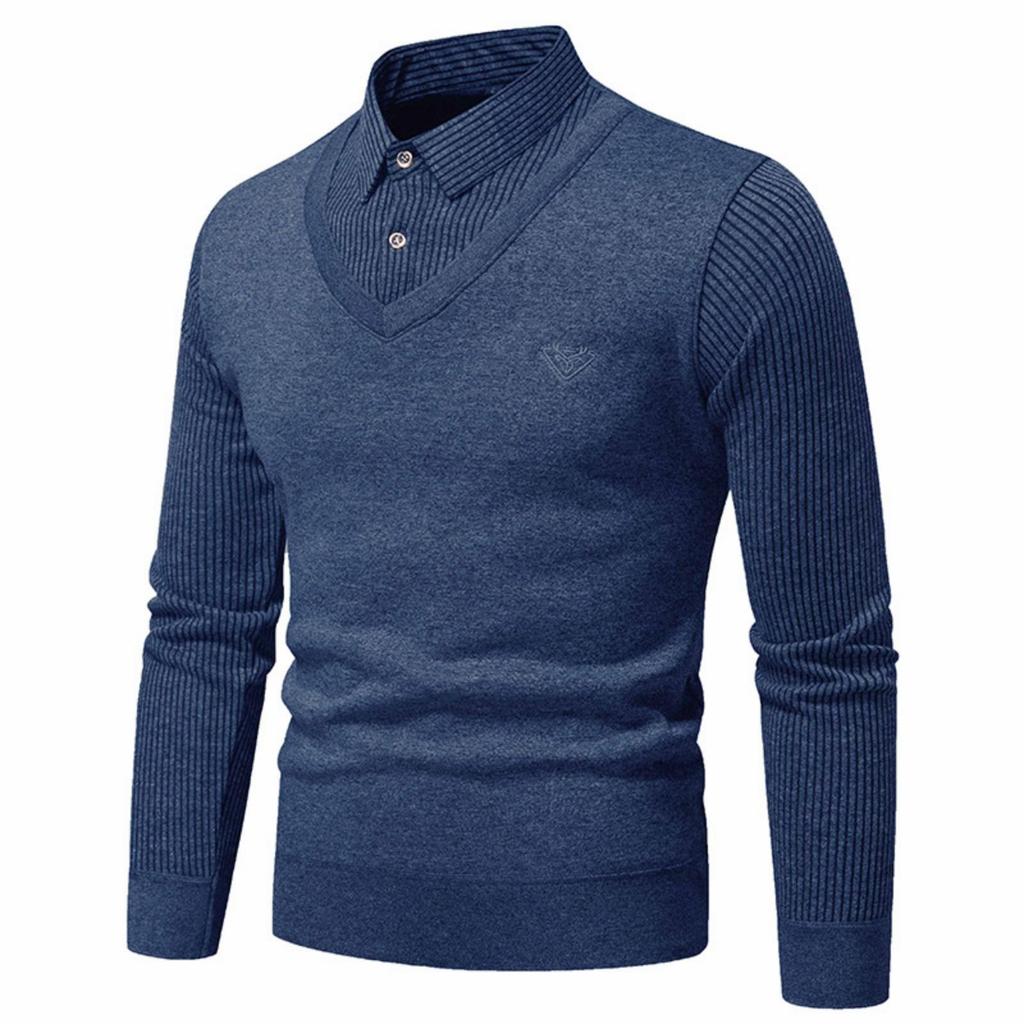 Men's Solid-color Casual Faux Two-piece Striped Pullover Knitted Sweater, Men's Square-neck Long-sleeved Knitted Warm Sweater