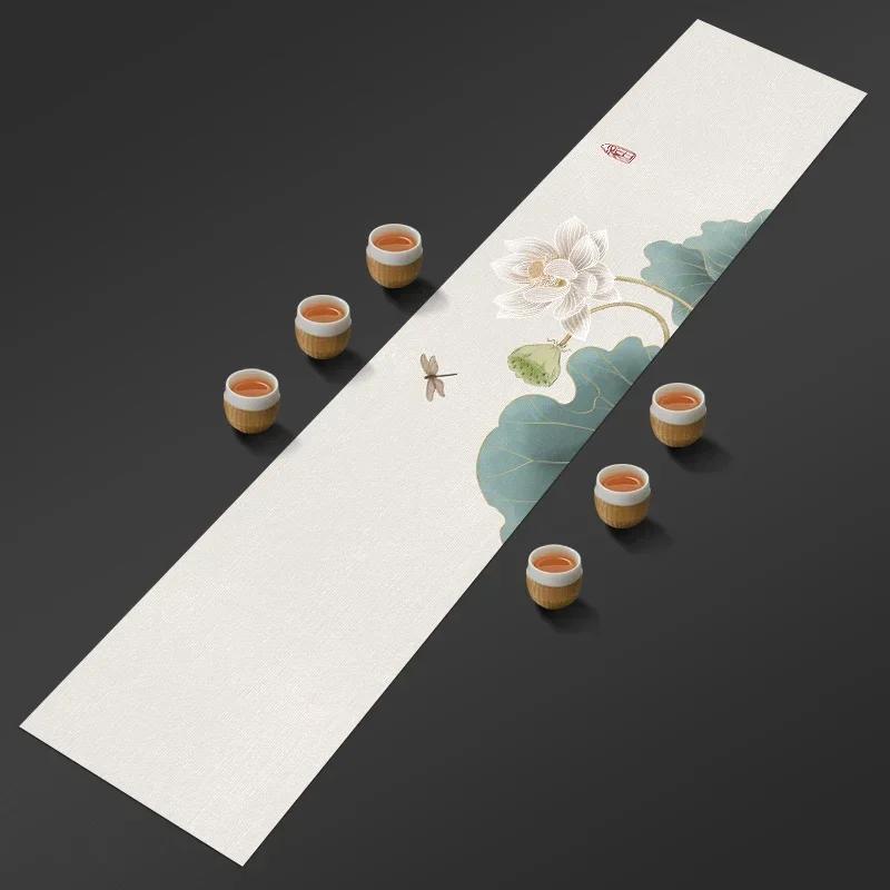 Chinese Lotus Pattern Table Runner Water-Repellent Coffee Table Cloth Decorative Cotton Linen Tea Mat Tea Ceremony Accessories