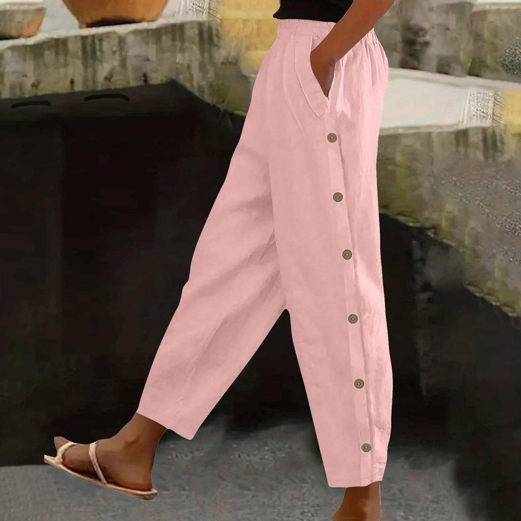 Women's Fashion Side-Button Pocket -Color Mid- Cotton-Linen Blend Relaxed-Fit Trousers