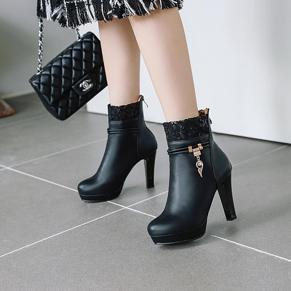 Winter Fashion High Heels Woman Booties Lace Design Princess Platform Party Wedding Women Shoes White Black Pink Ankle Boots