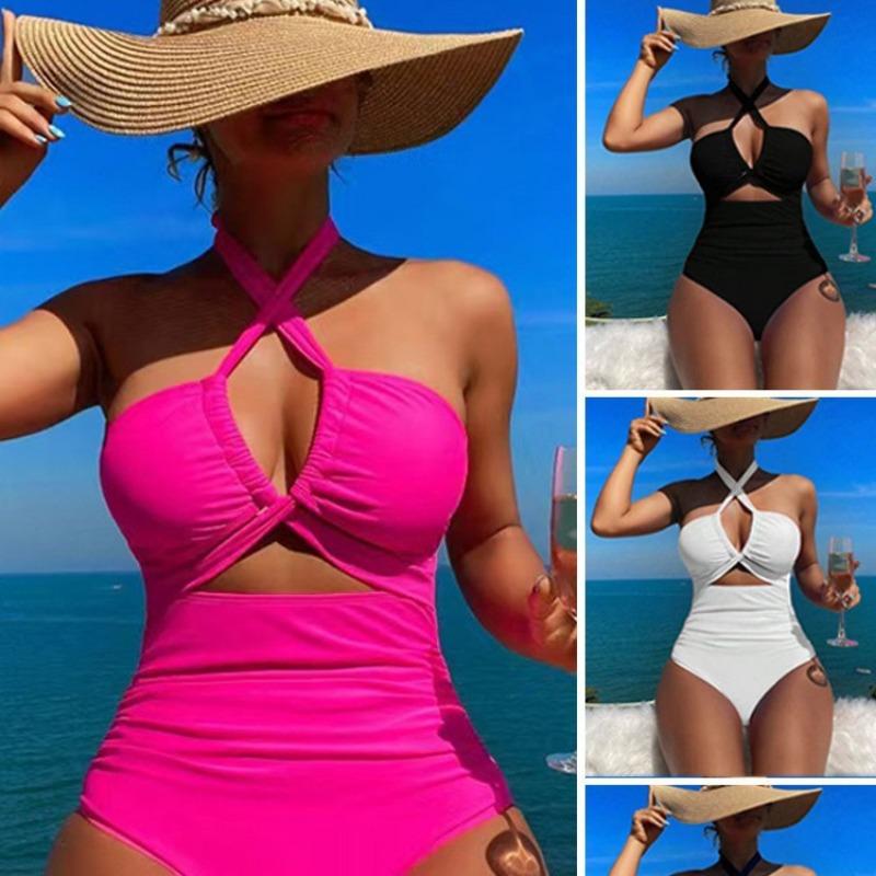 Damen Hohe Taille Einfarbige Rückenfreie Neckholder Einteiler Konservativer Sexy Badeanzug