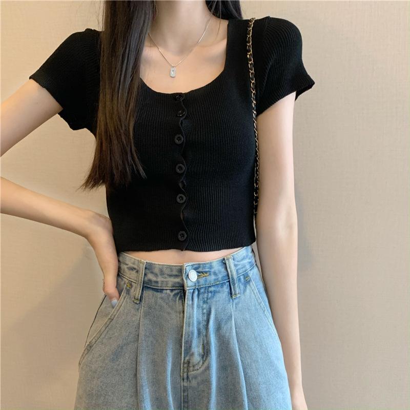 Sommer Neu Süß und Würzig Quadratischer Kragen Einreihig Bauchnabel Kurz Kurzarm Strickware mit T-Shirt Top Damen