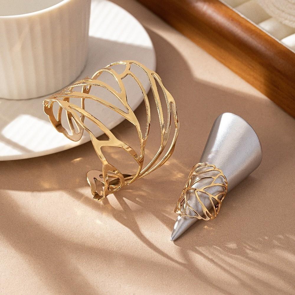 Stylish Hollow Leaf Bangle Elegant Retro Jewelry Set Trendy Open Bangle Ring Set  Women
