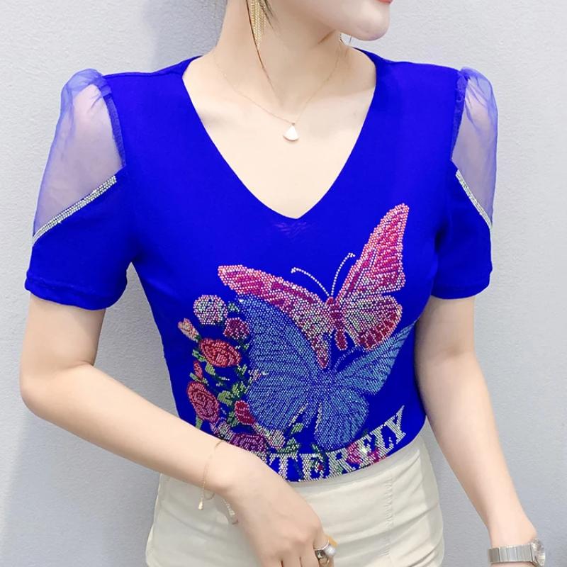 

Новый европейский бренд женская одежда футболка сексуальный V-образный вырез роскошная бабочка горячие бриллианты топы для девочек модные летние футболки с коротким рукавом XL синий