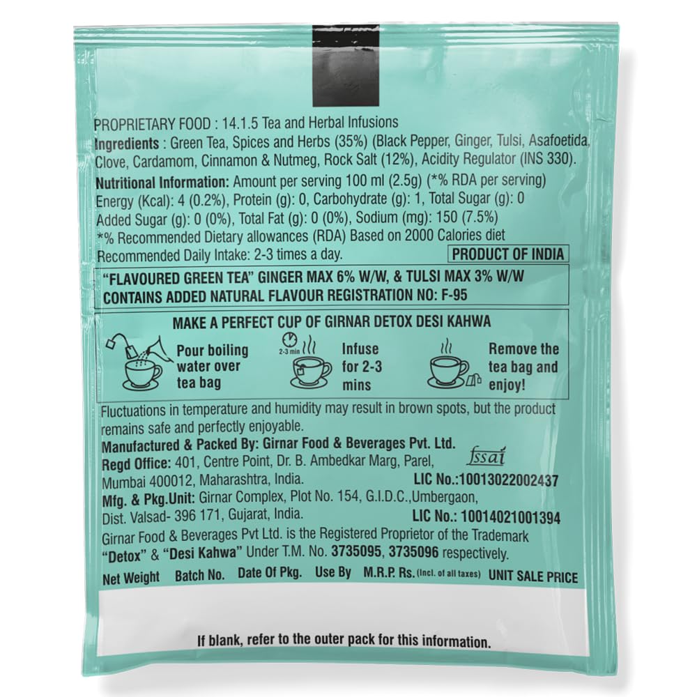 Girnar Entgiftender Grüner Tee Desi Kahwa 100 Teebeutel mit Kräutergewürzen zur Entspannung & Täglichen Erfrischung