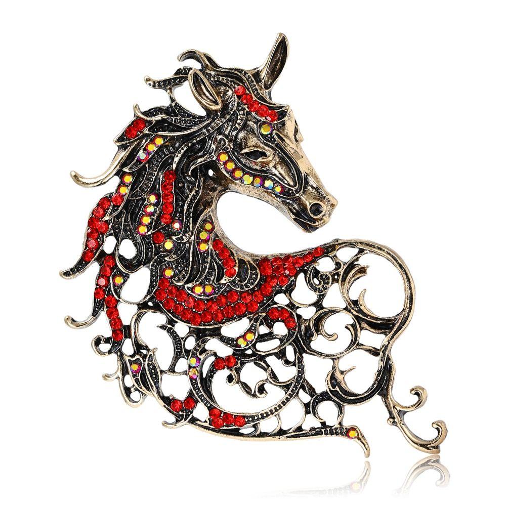 Hollow Out Rhinestone Horse Head Brooches Casual Metal Badge Pin Zodiac Animal Pins  for Women