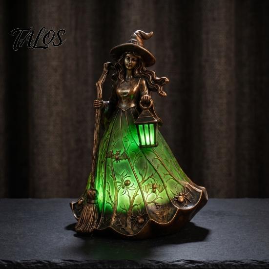 Halloween Decorative Resin Light Witch Tabletop Lamp, Gothic Night with Broom & Lantern, Table Lamp USB Powered Spooky Ambient for Mantel Shelf