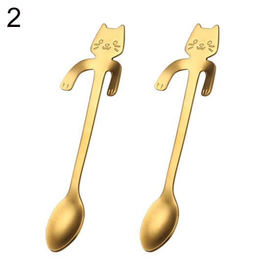 2 st Rostfri Sked Tecknad Katt Långt Handtag Härligt Dessert Soppa Bestick