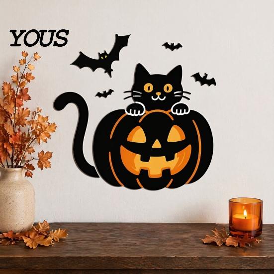 Reusable Window Clings for Store Display Halloween Pumpkin Wall Sticker, Black Cat on with Flying Bats Decal, Waterproof Glass Peel And Stick Sticker
