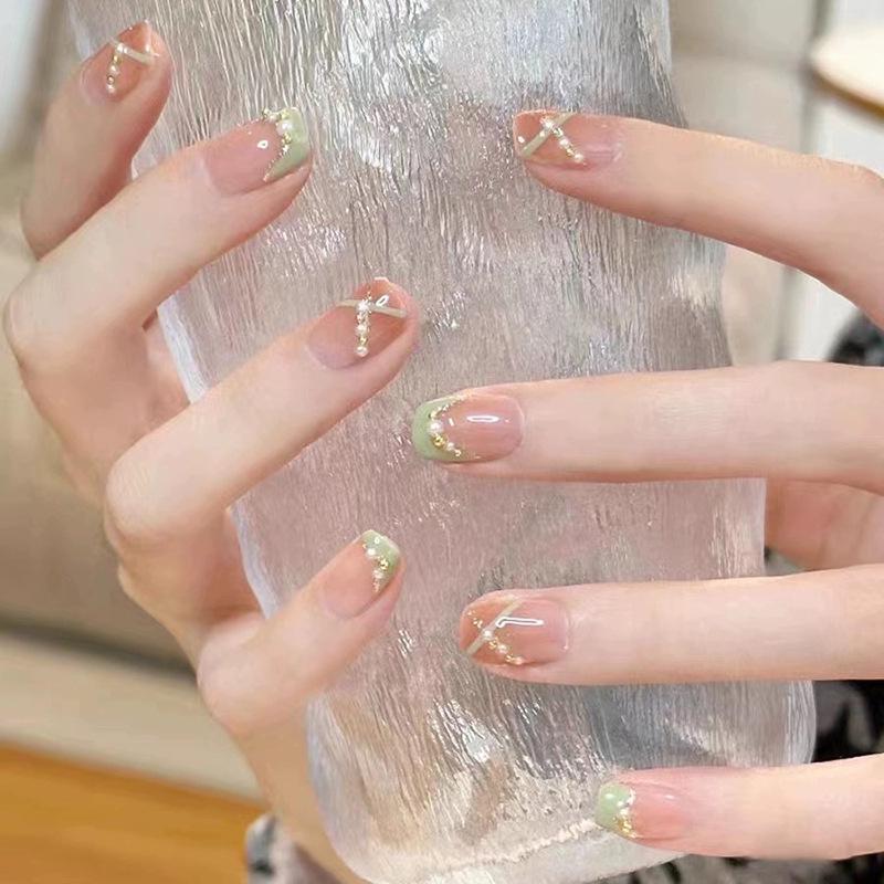 

Handmade Green French Manicure Short Nail Tips - Gel Fake Nails Large