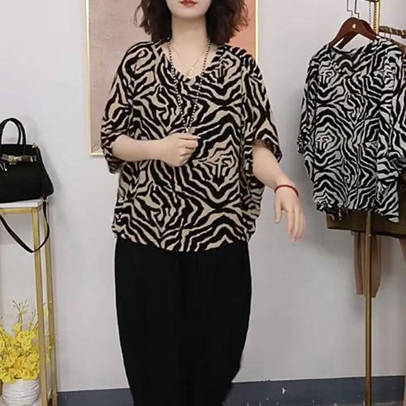 Casual Batwing Sleeve Striped Shirt Summer Loose V-Neck Vintage Printed Women's Clothing Stylish Spliced Basic Commute Blouse