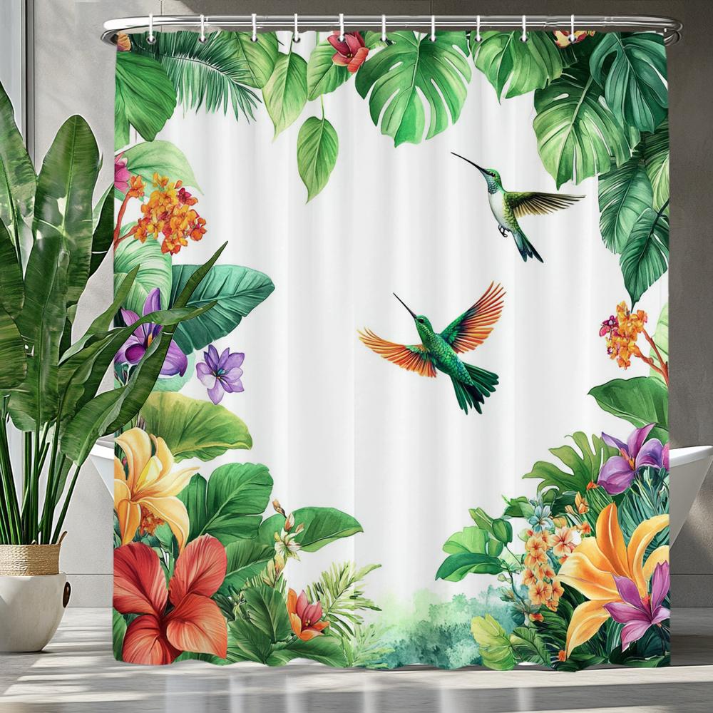 Tropical Green Plants And Flowers Birds Shower Curtain, Bathroom Decorative Shower Curtain, Printing Shower Curtain With Hooks