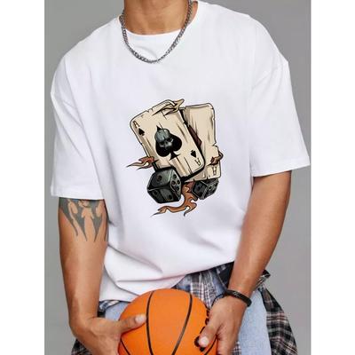 Casual T Shirt White Ace of Spades and Dice Graphic Print for Gaming and Leisure Activities