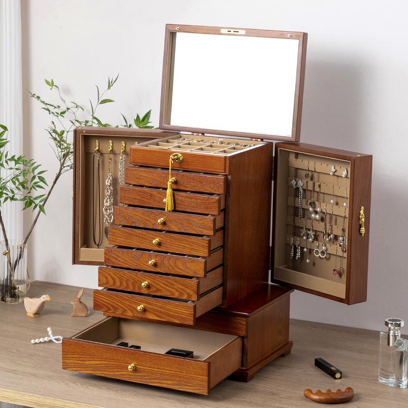 Caja de Joyería Grande de Madera Maciza Estilo Retro con Cerradura, Almacenamiento Multicapa para Collares, Pendientes y Anillos - Estilo Tendencia Nacional China