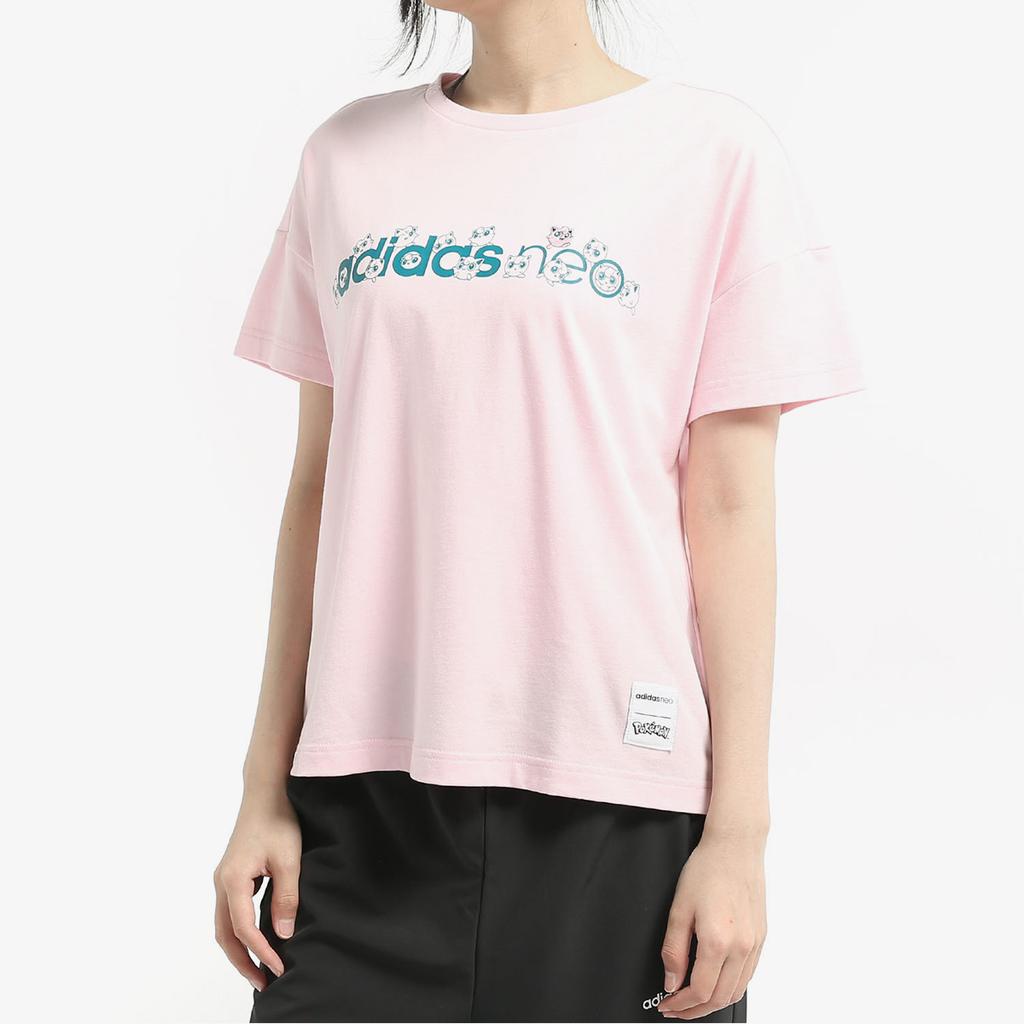 Adidas Neo X Pokémon Collaboration Printed Logo Round Neck Short Sleeve Drop Shoulder T-Shirt Women T-Shirts Clear-Pink GC7070
