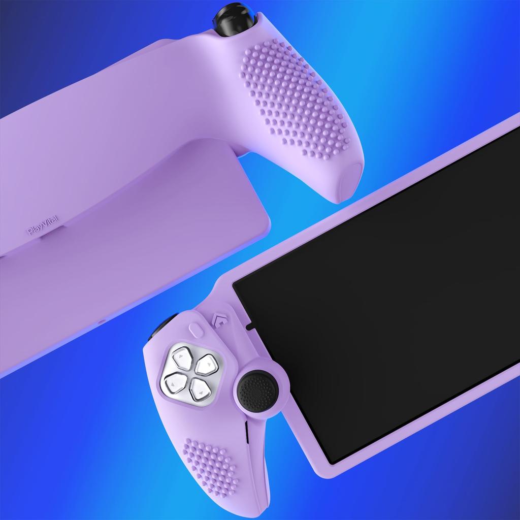 Protective cover case for PlayVital PS with 3D stud design for improved grip and stick compatible thumb grip cap Portal, anti-slip [Mauve Purple]