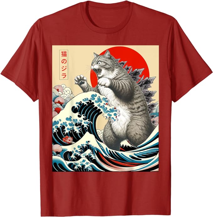 Catzilla Cat Japanese Art Funny Cat Gifts for Men Women Kid T-Shirt Humorous Kitty Graphic Outfits Cute Kitten Lover Saying Tee