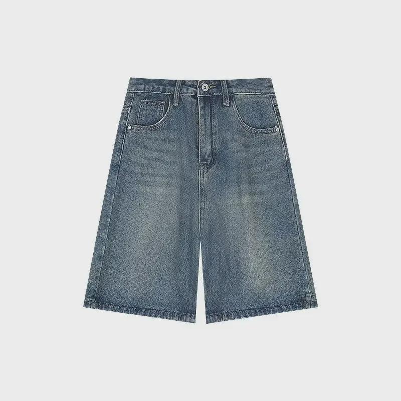 Five-Point High-Waist Retro Denim Shorts for Women - Petite, Straight, Slimming, Wide-Leg, Mid-Length, Summer Style.