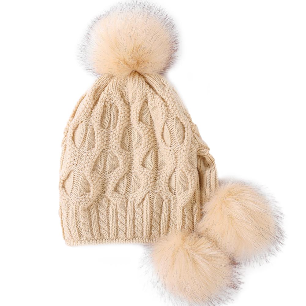 Women Knitted Cap Warm Woolen Hat with Plush Fuzzy Balls for Autumn Winter